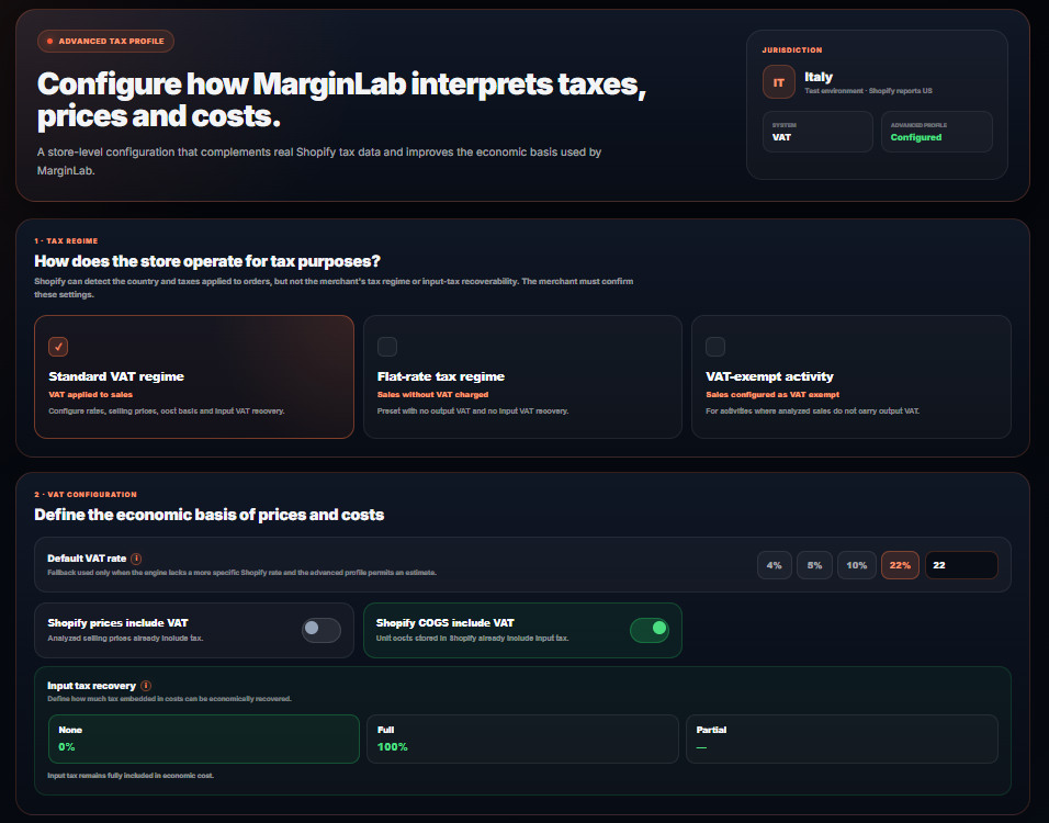 MarginLab tax-aware profitability settings showing Italian tax regime selection, VAT rate configuration, tax-inclusive prices and costs, and input VAT recovery options